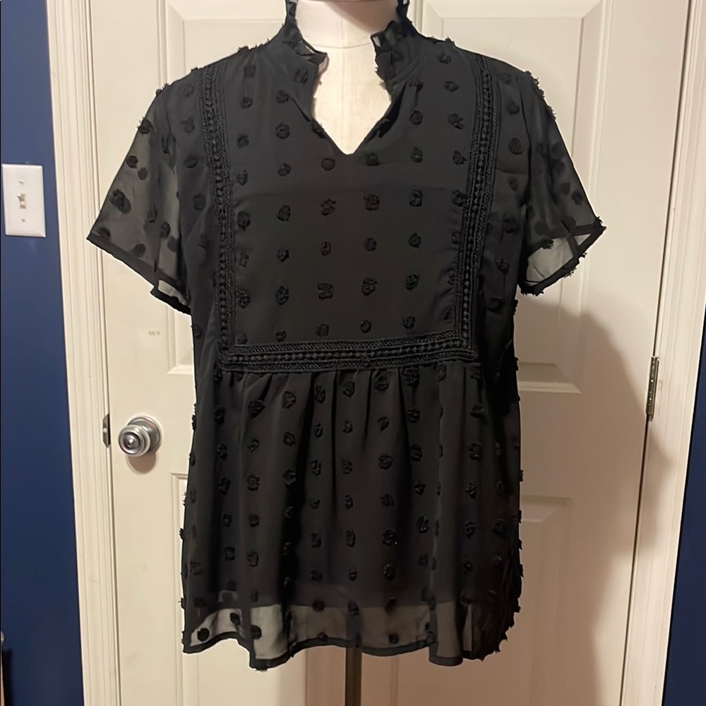 Black Ruffled Blouse with Flutter Sleeves and Mandarin Collar